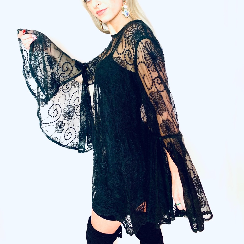 Love Stitch Black Lace Bell Sleeve Mini Dress - Picture 4 of 6